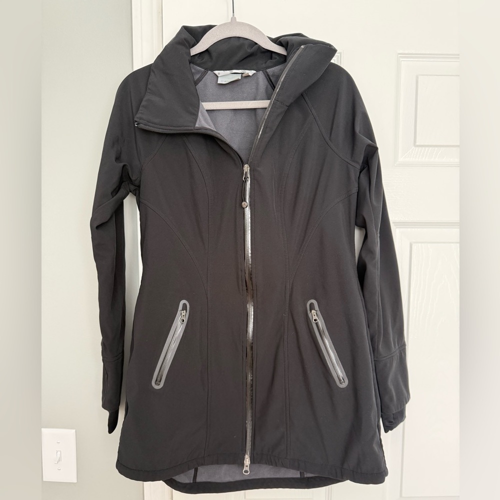 Athleta Jacket Womens medium Long Black Soft Shell Full Zip Bainbridge Trench